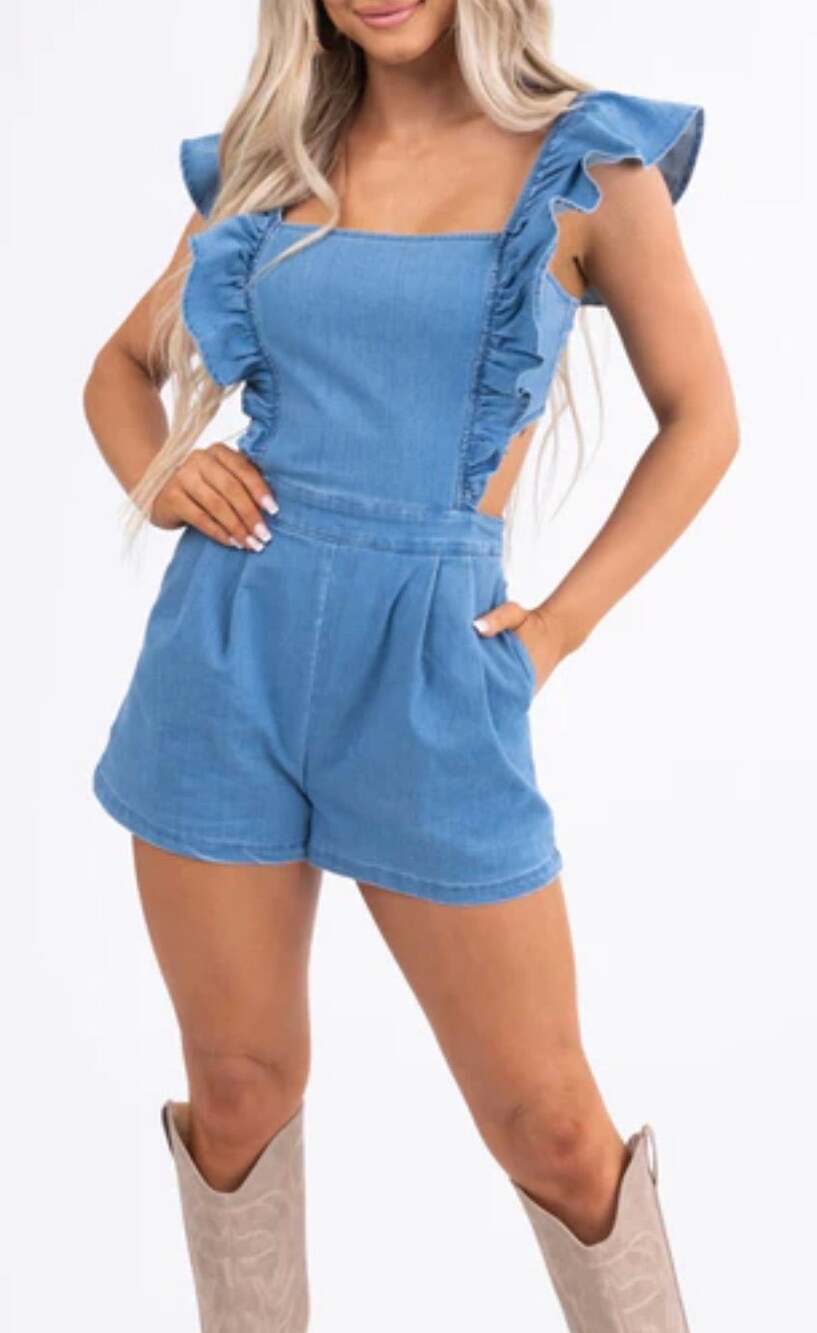Denim flying tomato romper medium country western ruffle shoulder straps